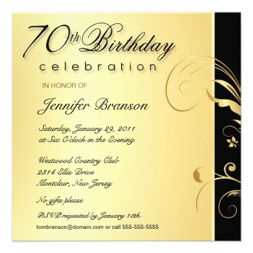 70th Birthday Party - Elegant Gold Floral Invites (front side)