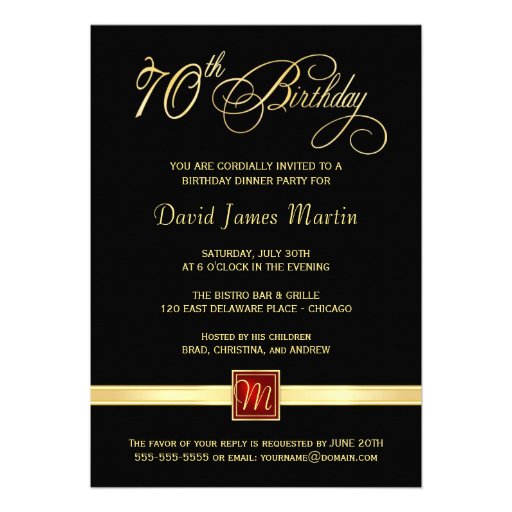 70th Birthday Party Invitations -Elegant Black Red