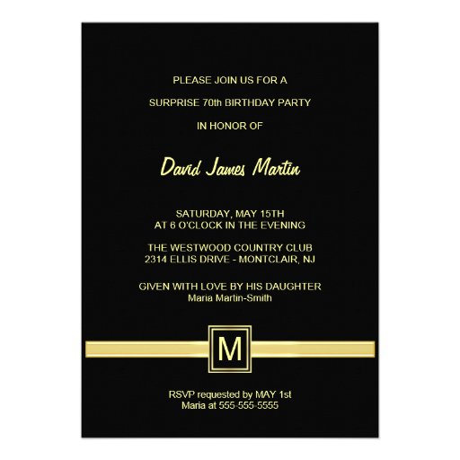 70th Birthday Party Invitations - Gold and Black
