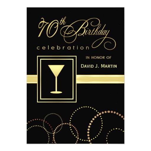 70th Birthday Party Invitations - Gold and Black (front side)