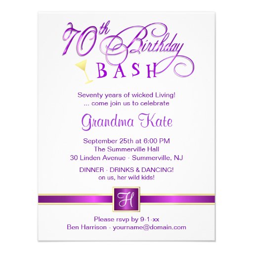 70th Birthday Party Invitations - with Monogram