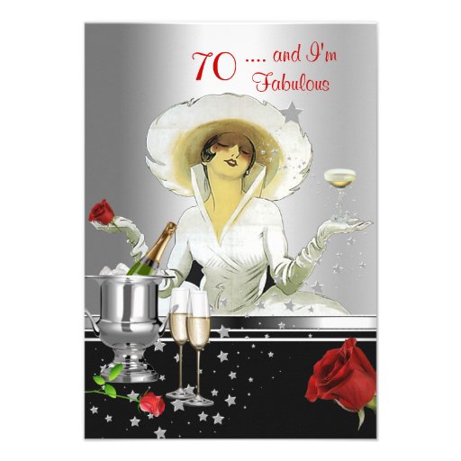 70th Birthday Party Retro Diva Art Deco Red Silver Personalized Invitation