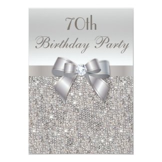 70th Birthday Party Silver Sequins, Bow & Diamond 5x7 Paper Invitation Card