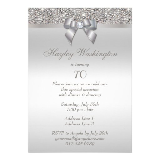 70th Birthday Party Silver Sequins, Bow & Diamond Personalized Invite