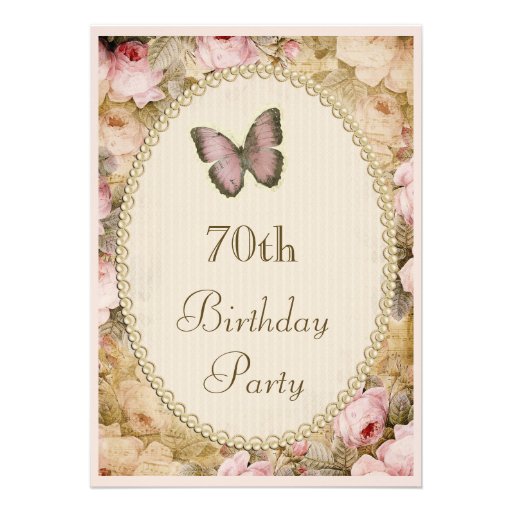 70th Birthday Vintage Roses Butterfly, Music Notes Personalized Announcements (front side)