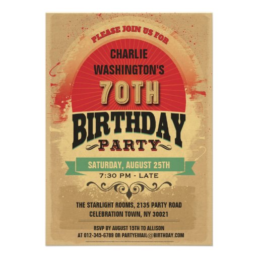 70th Birthday Vintage Typography Grunge Invitations (front side)