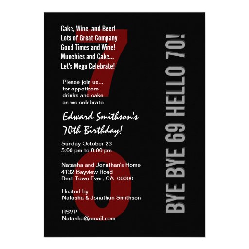 70th Modern Birthday Black Silver White Red W1789 Invites (front side)