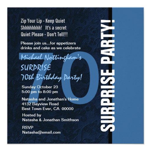 70th SURPRISE Birthday Modern Midnight Blue W102 Personalized Invites (front side)