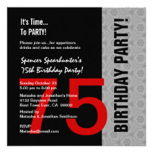75th Birthday Modern Red Silver Black C846 Personalized Announcements