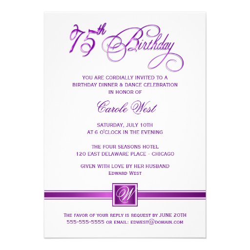75th Birthday Party Invitations - with Monogram