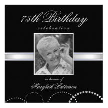 75th Birthday Party Photo Invitations Silver Black