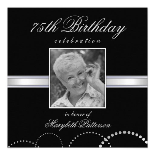 75th Birthday Party Photo Invitations Silver Black