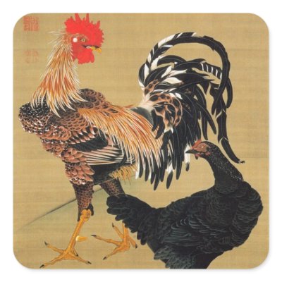 7. 大鶏雌雄図, 若冲 Couple of Chickens, Jakuchū Square Sticker by ukiyoemuseum