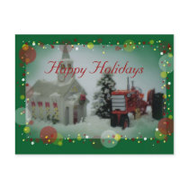 7 toy tractors at christmas post card