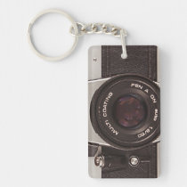 camera, cool, vintage, 80&#39;s, funny, photography, analog, metal, leather, film, flash, lenses, retro, film camera, analog camera, photographer, fun, 1980, keychain, [[missing key: type_aif_keychai]] with custom graphic design