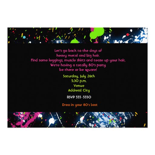 80's Eighties Neon Paint Glow Party Invitation Invite