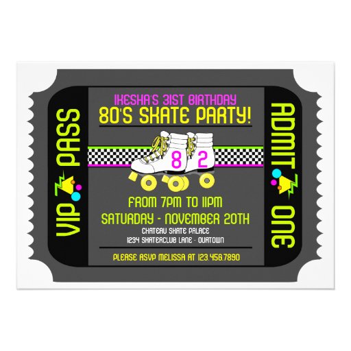 80s Rollerskate Ticket Style Party Invitations
