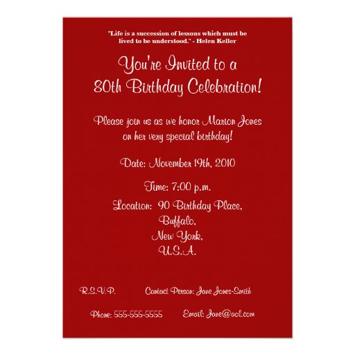 80th Birthday Celebration-Red Rose Custom Announcements