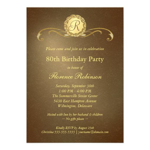 80th Birthday Invitations - Antique Gold Monogram