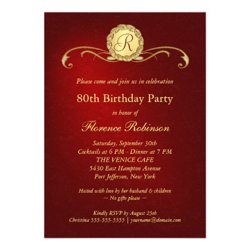 80th Birthday Invitations - Red & Gold Monogram