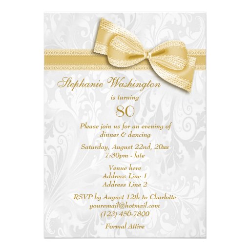 80th Birthday Party Damask and Faux Bow Personalized Invitation