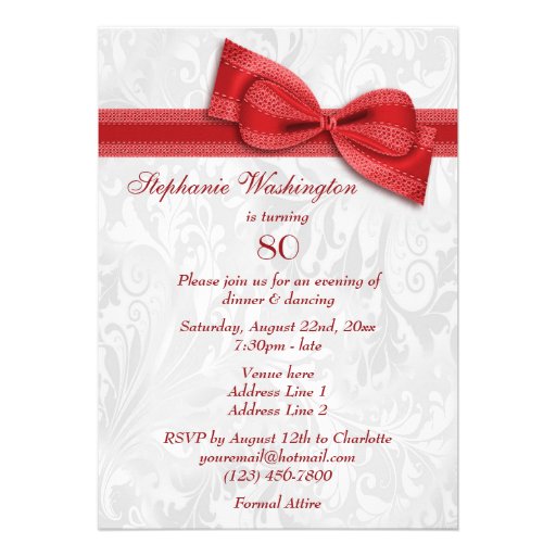 80th Birthday Party Damask and Faux Bow Invites