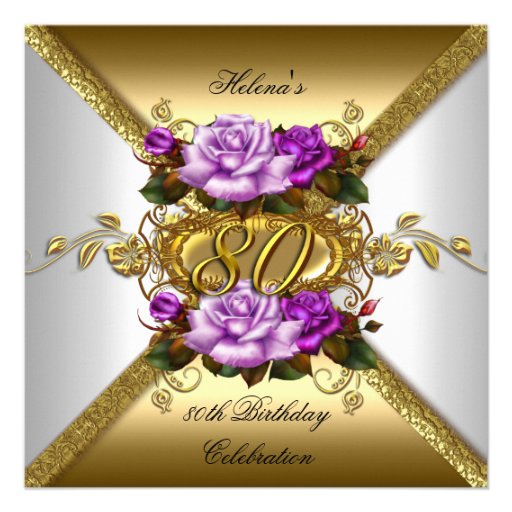 80th Birthday Party Elegant Purple Gold Roses 3 Custom Announcements (front side)