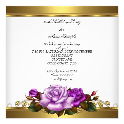 80th Birthday Party Elegant Purple Gold Roses 3 Custom Announcements