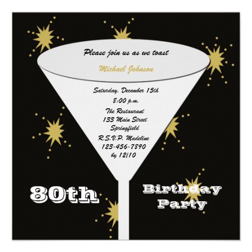 80th BIrthday Party Invitation -- Gold 80th Toast (front side)