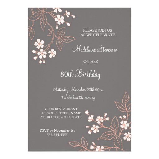 80th BIrthday Party Invitations Gray Coral Flowers