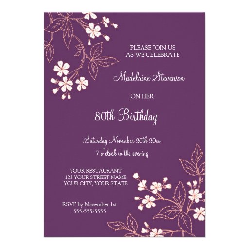 80th BIrthday Party Invitations Plum Coral Flowers