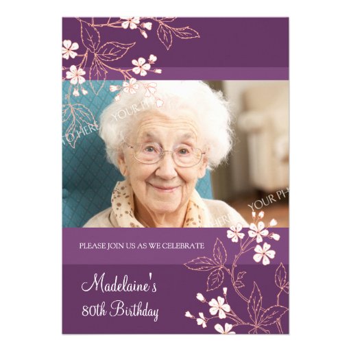 80th BIrthday Party Invitations Plum Coral Flowers (front side)