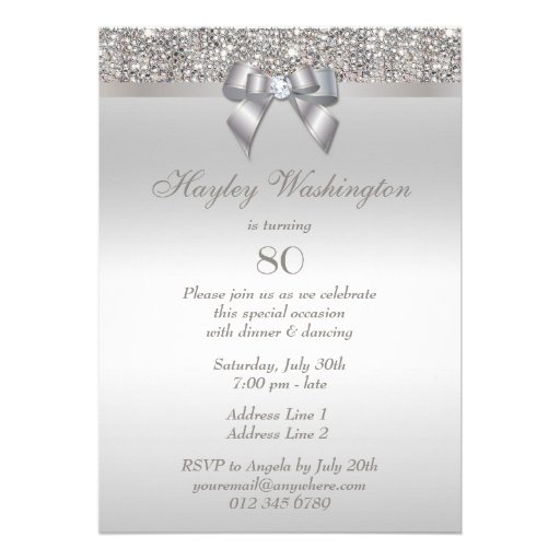 80th Birthday Party Silver Sequins, Bow & Diamond Custom Invites