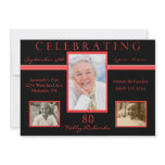 80th Birthday Party Tri Photo Invitations Red &amp; Bl