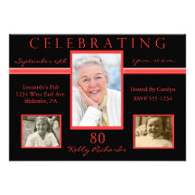 80th Birthday Party Tri Photo Invitations Red & Bl