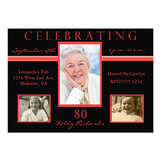 80th Birthday Party Tri Photo Invitations Red & Bl
