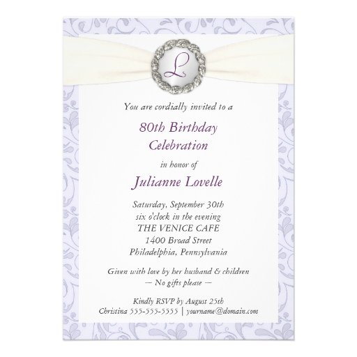 80th Birthday Photo Invitations Lavender Damask