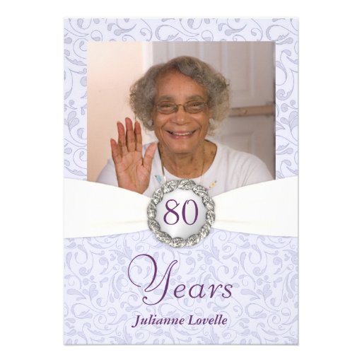 80th Birthday Photo Invitations Lavender Damask (front side)