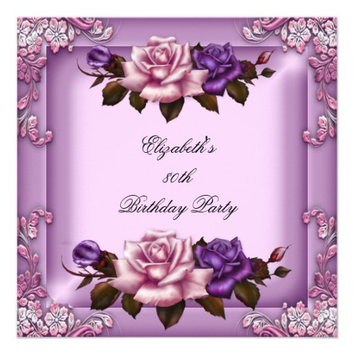 80th Elegant Lilac Pink Purple Roses Birthday Announcements