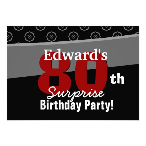 80th Surprise Birthday Black White Horizontal Personalized Invitation (front side)