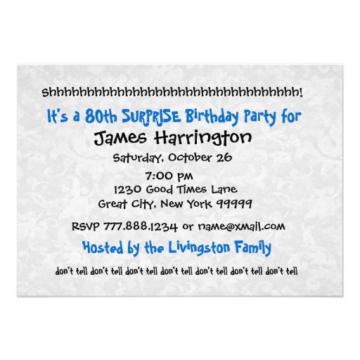 80th SURPRISE Modern Blue and White Birthday W083 Personalized Announcement