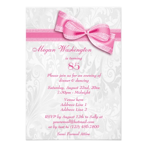85th Birthday Party Damask and Pink Faux Bow Custom Announcements