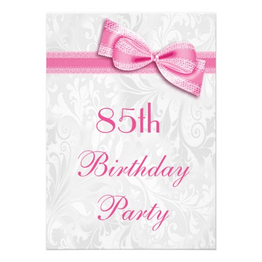 85th Birthday Party Damask and Pink Faux Bow Custom Announcements