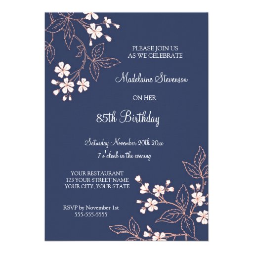 85th BIrthday Party Invitations Blue Coral Flowers