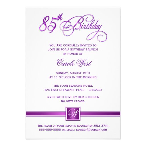 85th Birthday Party Invitations - with Monogram