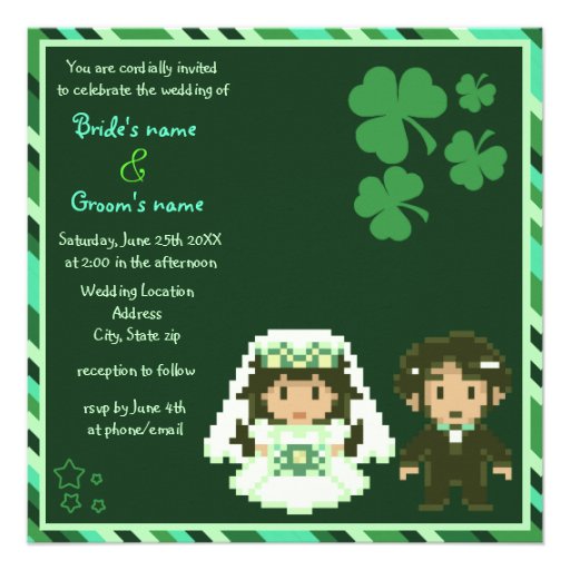 8-bit Bride & Groom - Green Wedding Invitations