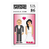 8-bit Pixel Bride and Groom Postage Stamp