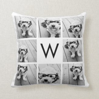 8 Photo Collage Custom Monogram Black and White Pillow