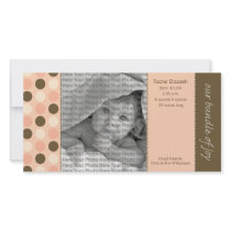 8x4 Birth Announcement Coral and Brown Polka Dots photo cards by BeezKneez 8x4 Birth Announcement Coral and Brown Polka Dots photo cards