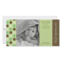8x4 Birth Announcement Green and Brown Polka Dots photo cards by BeezKneez 8x4 Birth Announcement Green and Brown Polka Dots photo cards